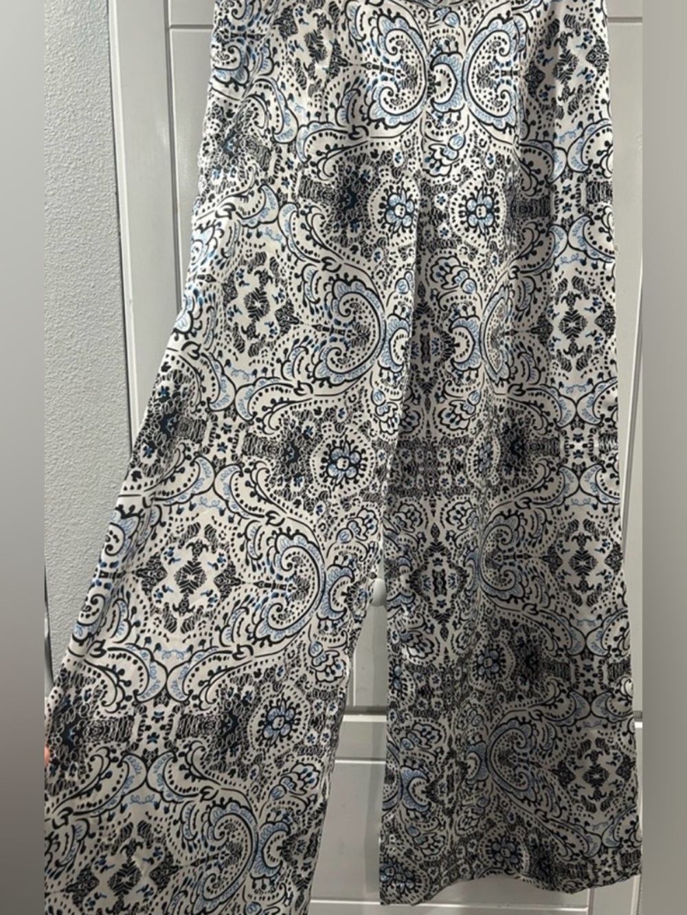 White Black and Blue Paisley Print Pants. Flowy wide leg